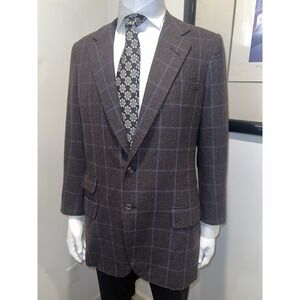 Vintage Edgar Pomeroy Bespoke Brown/Blue Plaid Wool Sportcoat Blazer 42L